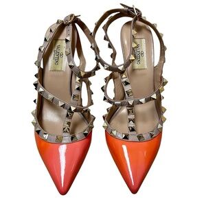 Valentino 6 Calfskin Nappa Rockstud T-Strap Patent Orange Poudre Pumps Heels